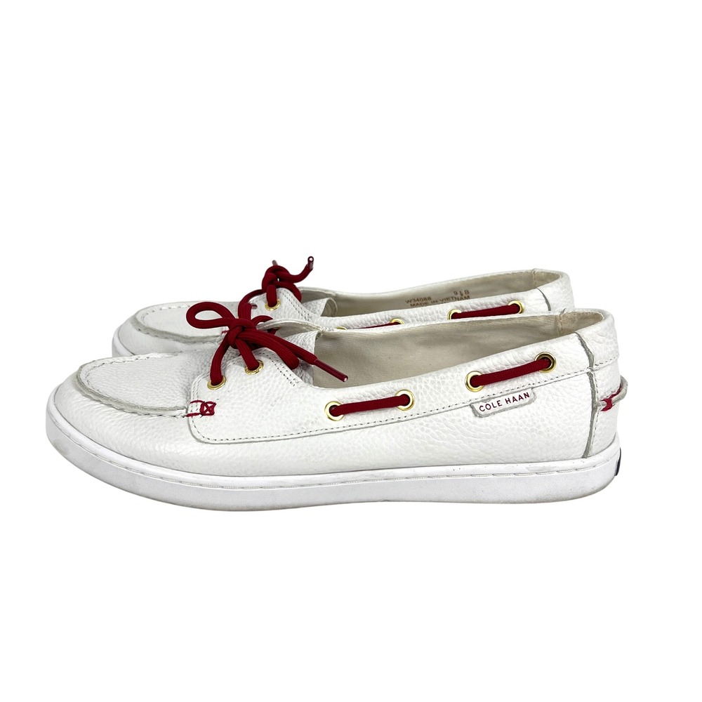 Cole Haan Womens White Pebbled Leather Boat Shoes Red Laces W34088 Size 9.5 B